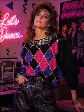 Vintage Retro IB Diffusion Studded Argyle Silk Angora Lambswool Sequin Sweater